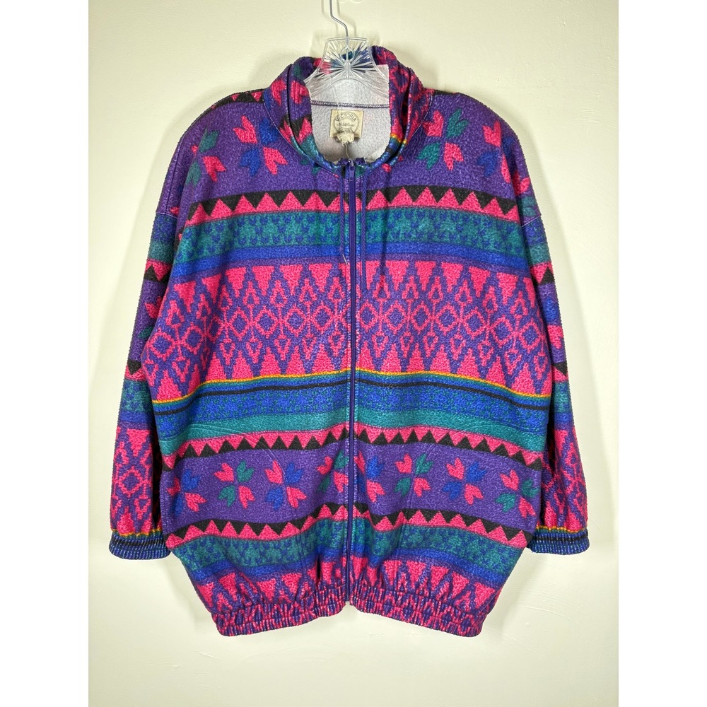 Vintage 90s Victoria Sport Fleece Jacket XL Purple Pink Geometric Gorpcore Cozy - Picture 11 of 11